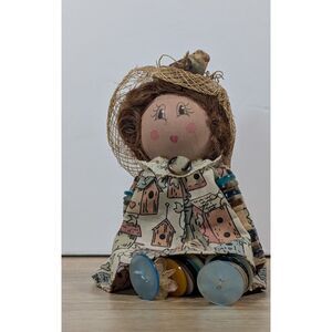 Handmade Folk Art Button Doll Mixed Media Fabric Wood Rustic Country Decor